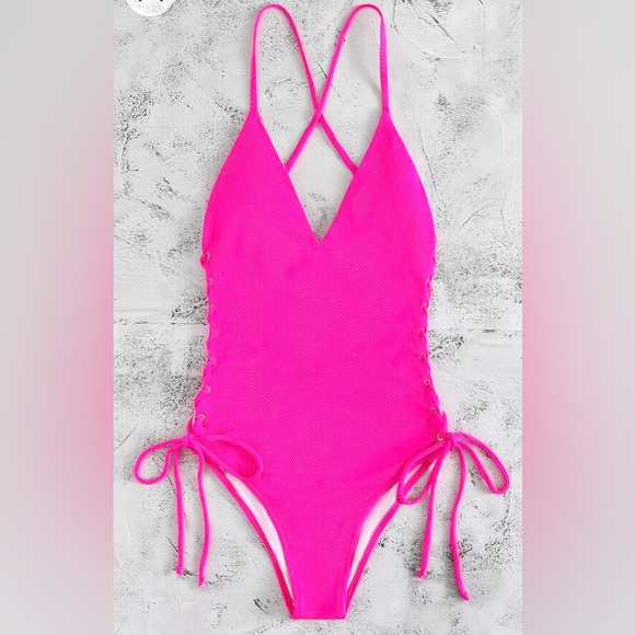 SHEIN Swim Vcay Lace-Up Sides textured One Piece Swimsuit size L NWT - Picture 2 of 5